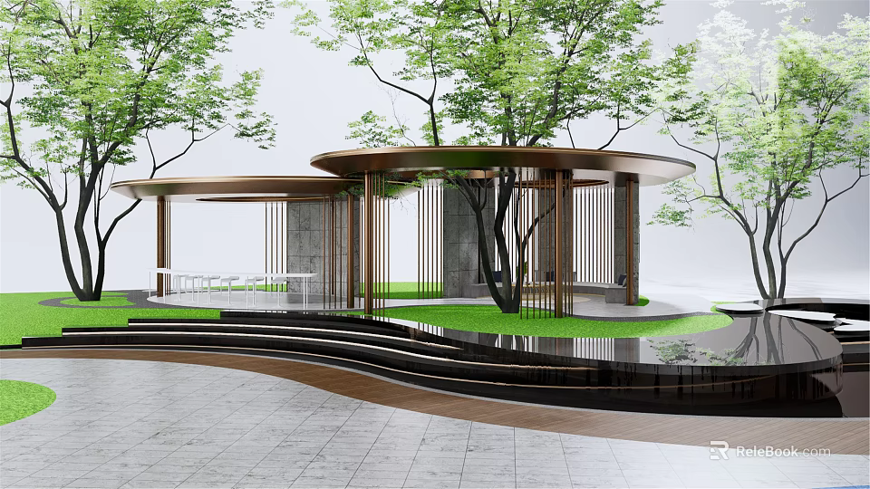Modern Pergola Design With Trees Green Lawn Stone Steps And Water Feature 3d model