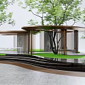 Modern Pergola Design With Trees Green Lawn Stone Steps And Water Feature 3d model
