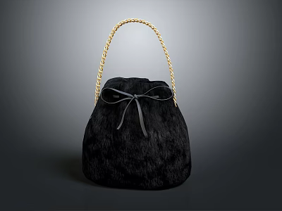 Black Furry Handbag With Gold Braided Handle And Decorative Black Bow 3d model