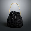 Black Furry Handbag With Gold Braided Handle And Decorative Black Bow