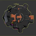Bio Mechanical Character With Black Body Orange Accents Purple Glowing Lines Green Dots