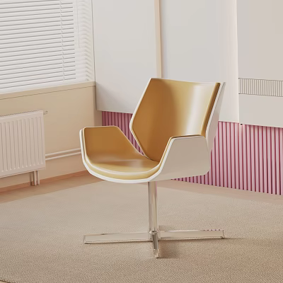 Office Chair with Golden Leather Curved Backrest Armrests White Frame Metal Base Silver Legs 3d model