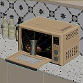 Beige Microwave Oven With Open Door And Baking Tray On Spotted Kitchen Countertop