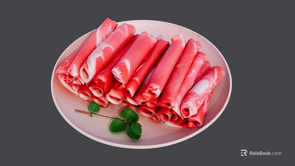 Fresh Sliced Lamb Meat Rolls on Pink Plate with Green Leaves Garnish 3d model 