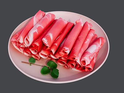 Fresh Sliced Lamb Meat Rolls on Pink Plate with Green Leaves Garnish 3d model
