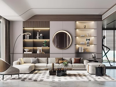 Modern Living Room Interior Design With Beige Sofa Round Mirror And Area Rug 3d model