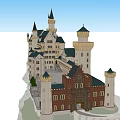 Ancient Castle Architecture With Towers Spires Stone Steps On Cliffside White Walls Green Roofs