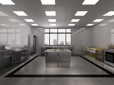 Professional Commercial Kitchen With Stainless Steel Worktables Tiled Walls And Spacious Layout 3d model