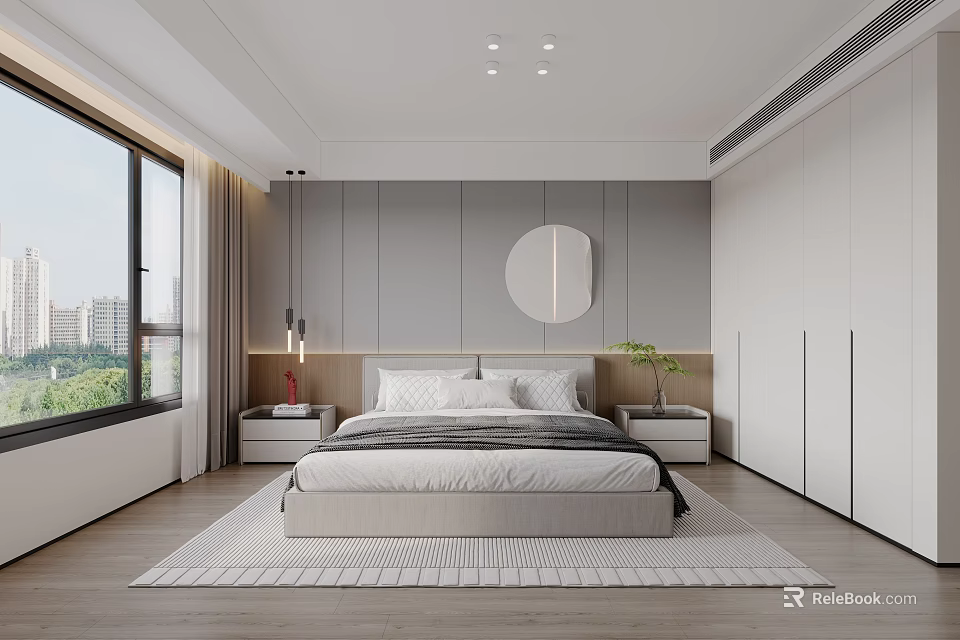 Modern Bedroom Interior With Gray Walls Round Mirror And Large Window 3d model