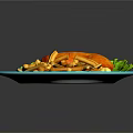 Crispy Fried Chicken With Golden French Fries And Red Sauce On Plate With Lettuce