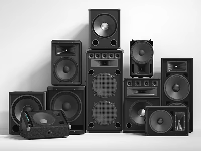 Black Audio Speakers With Multiple Sizes Stacked For Home Studio Setup 3d model