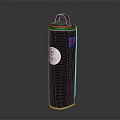 Black Cylindrical Storage Bag With Handle Buckle White Circular Label And Red Logo