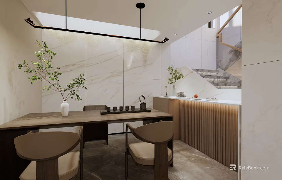 Minimalist Tea Room Interior With Marble Walls Wooden Table Green Plants And Hanging Pendant Light 3d model 
