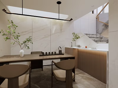 Minimalist Tea Room Interior With Marble Walls Wooden Table Green Plants And Hanging Pendant Light 3d model