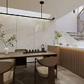 Minimalist Tea Room Interior With Marble Walls Wooden Table Green Plants And Hanging Pendant Light