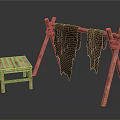 Rustic Wooden Striped Stool With Simple Design Beside Wooden Stand Hanging Brown Fabric