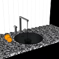 Stylish Kitchen Sink with Faucet Flowing Water Drainer Rack and Peaches on Speckled Countertop