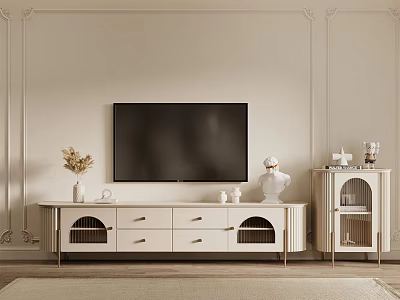 Light Colored Wall TV Stand With Drawers And Decorative Vase Sculpture Items 3d model