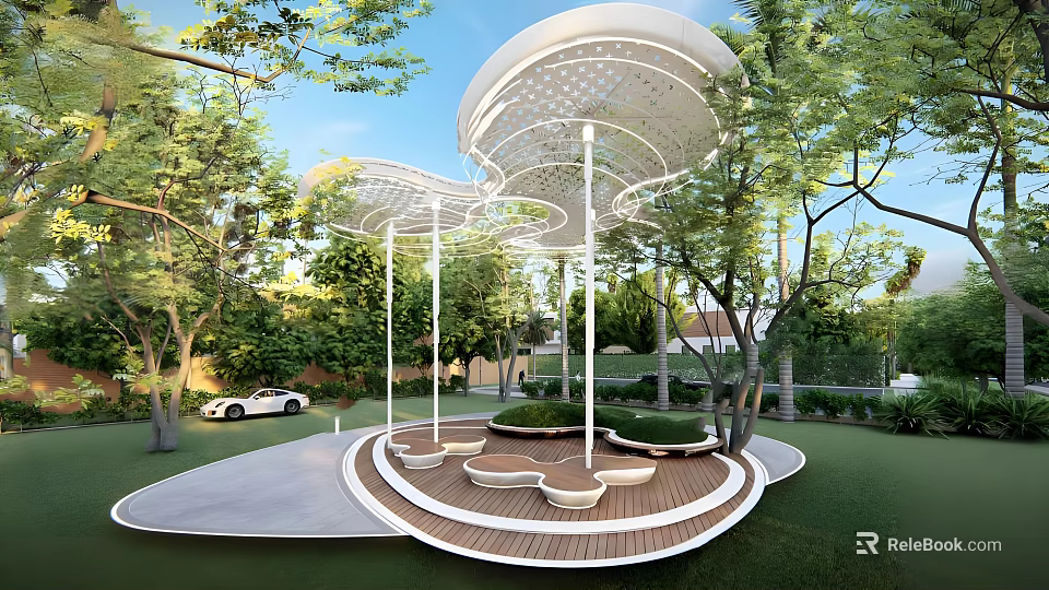 Modern Pergola With Curved Perforated Canopy And Seating In Green Park 3d model 