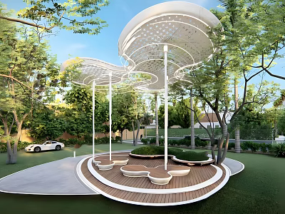 Modern Pergola With Curved Perforated Canopy And Seating In Green Park 3d model