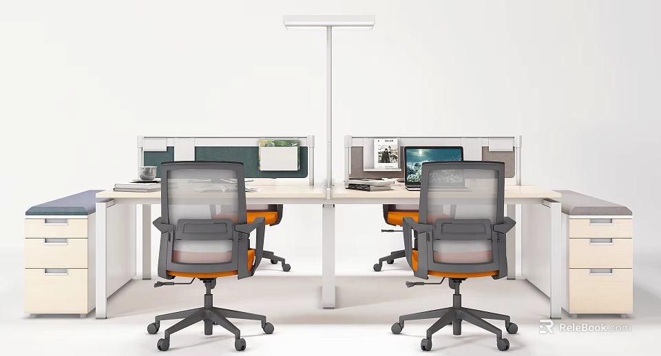 Modern Office Desk Setup With Partitioned Workstations Computer Monitors And Orange Chairs 3d model