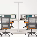 Modern Office Desk Setup With Partitioned Workstations Computer Monitors And Orange Chairs 3d model