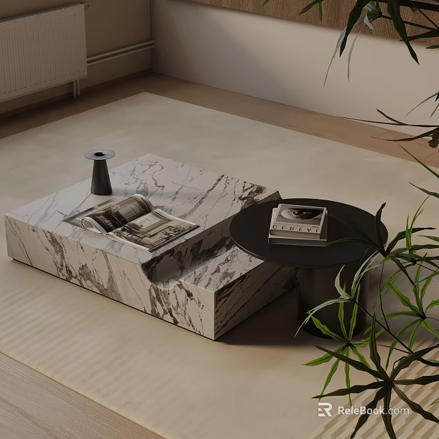 Elegant Modern Sofa and Coffee Table Set With Marble Design And Decorative Magazines 3d model