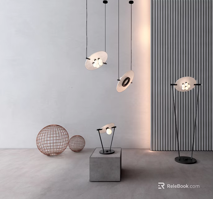 Modern Lighting Combinations Featuring Pendant Lights Floor Lamps And Table Lamp With Wicker Spherical Decor 3d model 