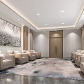 Modern Elegant Hotel Public Lounge Area With Beige Sofas Large Windows And Landscape Painting