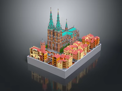 Cartoon Scene Featuring Large Gothic Building With Green Spires And Colorful Houses 3d model