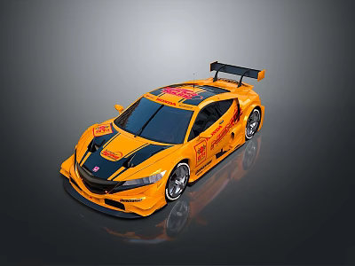 Yellow Modified Race Car With Black Stripes Rear Spoiler And Decals 3d model