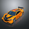 Yellow Modified Race Car With Black Stripes Rear Spoiler And Decals