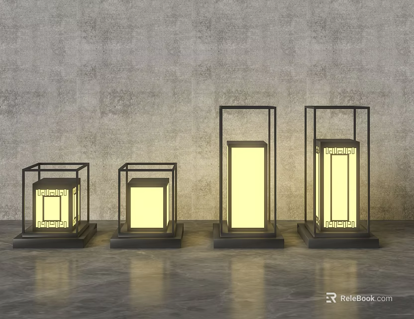 Modern Outdoor Lights With Black Frames Different Sizes Illuminated In Gray Backdrop 3d model 