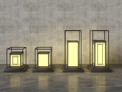 Modern Outdoor Lights With Black Frames Different Sizes Illuminated In Gray Backdrop 3d model