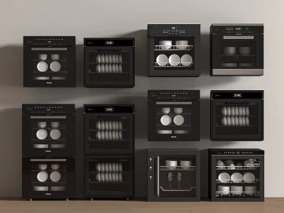 Modern Black Built in Kitchen Appliances Neatly Arranged With Dishes Cups Inside 3d model