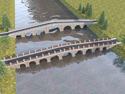 Stone Arch Bridges Spanning River With Green Trees And Grass Landscape 3d model