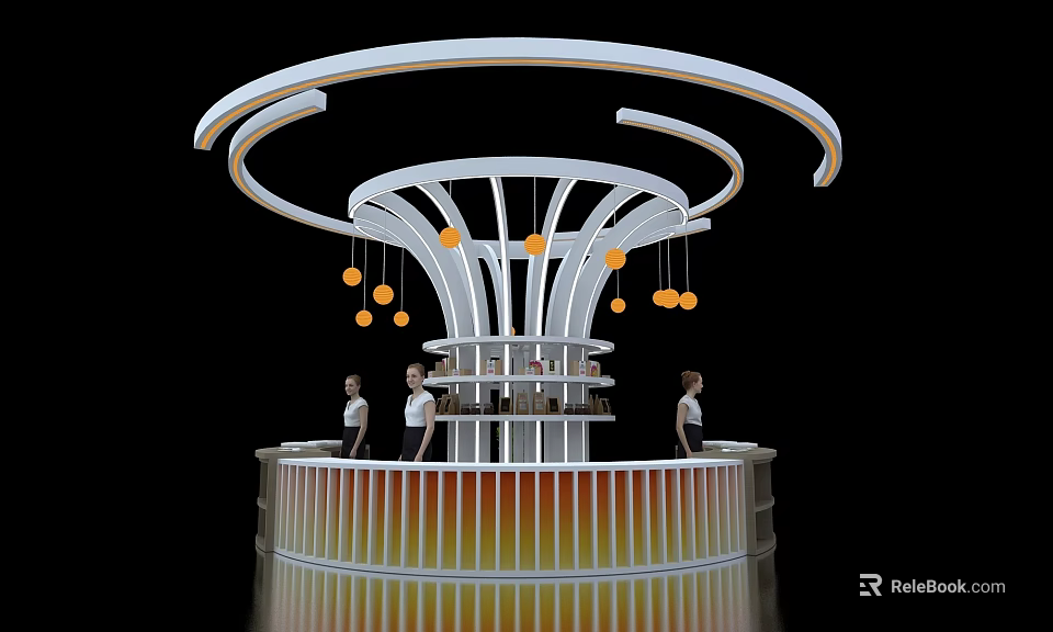 Modern Exhibition Island With Circular Structure Orange Lighting And Staff 3d model 
