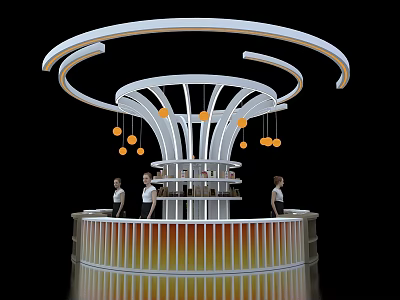 Modern Exhibition Island With Circular Structure Orange Lighting And Staff 3d model