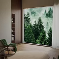 Bay Window Cabinet In Modern Interior With Lush Forest View And Cozy Chair