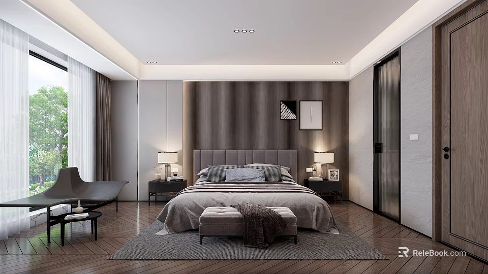 Modern Bedroom Interior With Gray Upholstered Headboard Nightstands Lamps Wall Art Window Curtains Wooden Floors 3d model 
