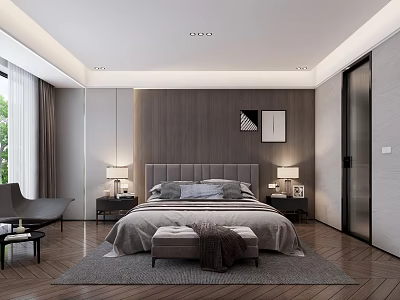 Modern Bedroom Interior With Gray Upholstered Headboard Nightstands Lamps Wall Art Window Curtains Wooden Floors 3d model