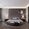 Modern Bedroom Interior With Gray Upholstered Headboard Nightstands Lamps Wall Art Window Curtains Wooden Floors