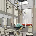 Modern Hotel Lobby Entrance With Glass Doors Architectural Ceiling Design And Green Plants