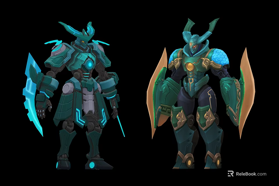 Two Green Mecha Warrior Characters Featuring Different Armor Designs Weapons And Blue Gold Accents 3d model 