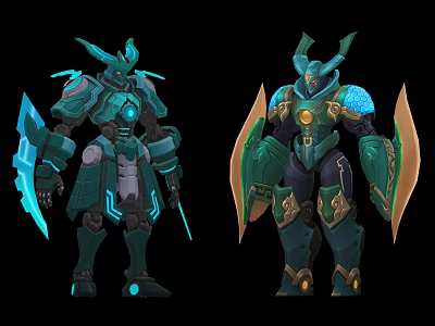 Two Green Mecha Warrior Characters Featuring Different Armor Designs Weapons And Blue Gold Accents 3d model