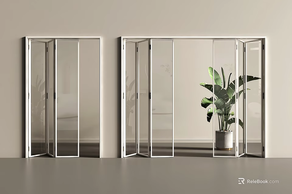 Glass Folding Doors with White Frames Open in Modern Interior Featuring Large Green Plant 3d model 