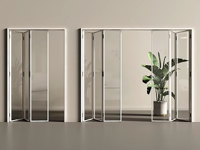 Glass Folding Doors with White Frames Open in Modern Interior Featuring Large Green Plant 3d model