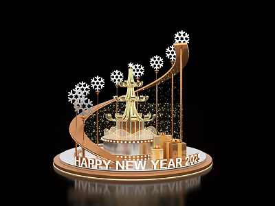 Golden New Year 2024 Art Installation with Snowflakes Carousel Tower and Gift Boxes 3d model