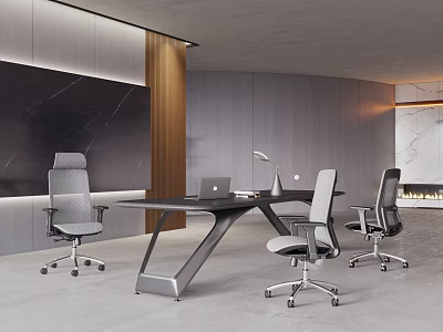 Modern Public Office Interior With Office Desk Chairs Laptop And Table Lamp 3d model