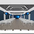 School Modern Classroom Design With White Tables Chairs Blue Curtains And Screens